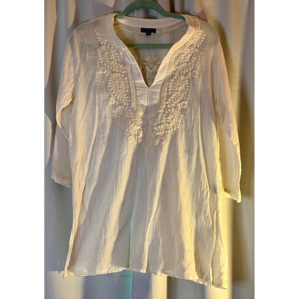 Henna White Embroidered Boho Tunic Top 3/4 Sleeve V-Neck One Size RN 94858